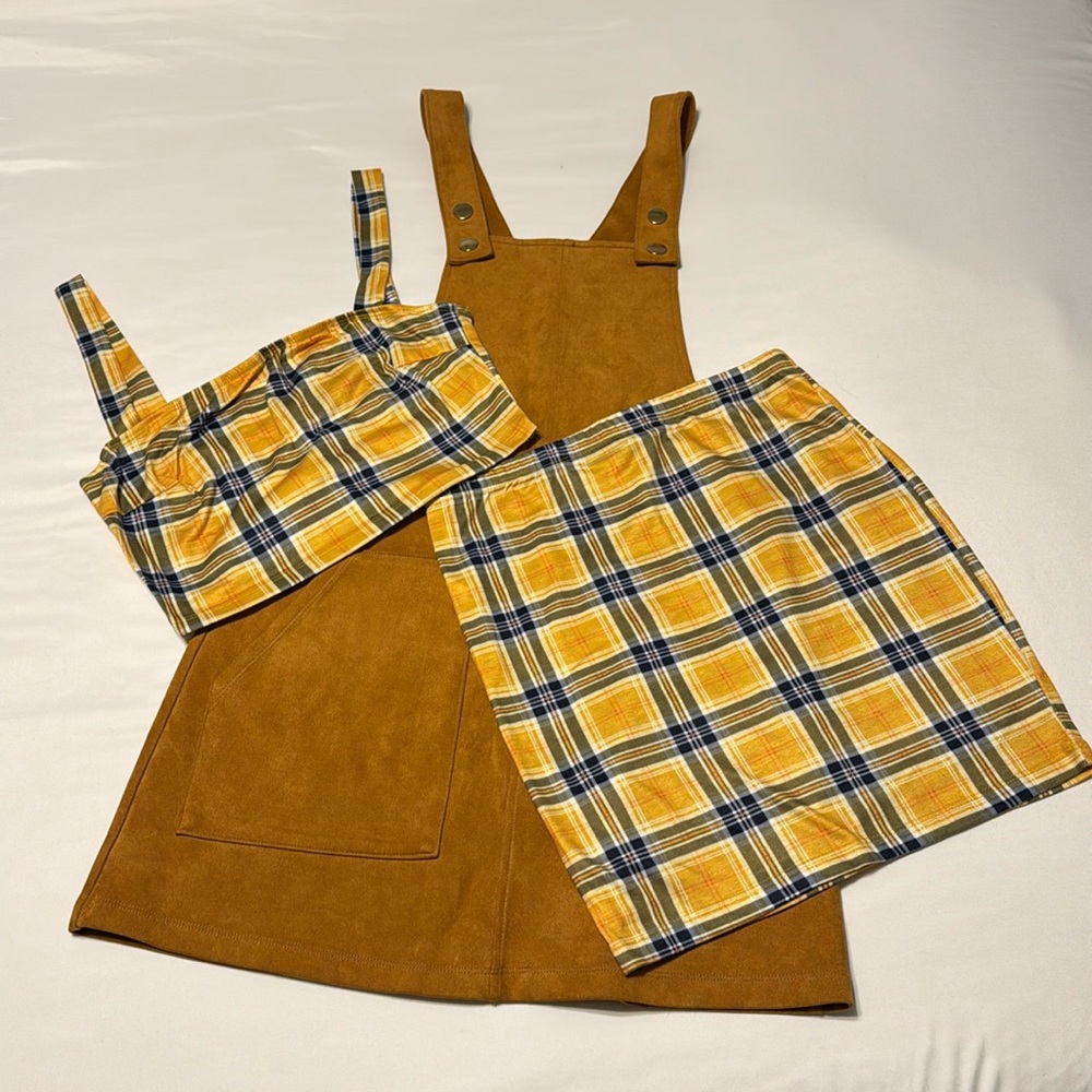 Bundle of F21 | Faux Suede Overall Dress and Plaid Yellow Skirt Set - Small